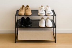 黒のスチール製シューズラックに並べられた5足の靴。ベージュ・白・黒の靴が整理され、下段は布カバーで目隠しされている。