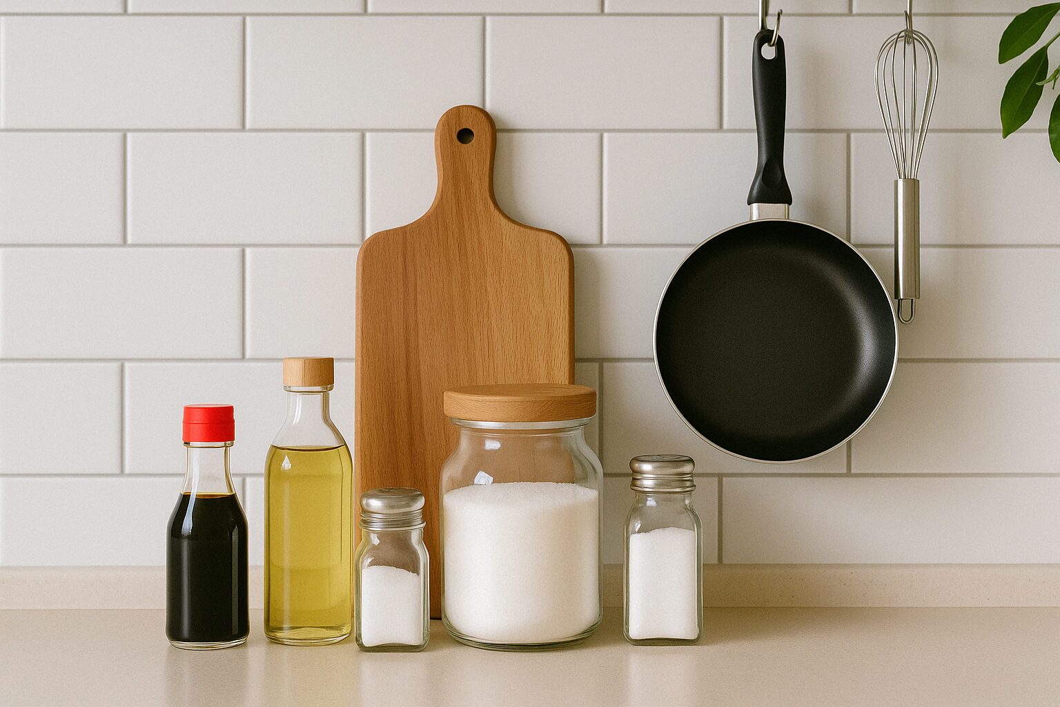 一人暮らしのキッチン棚に並ぶ調味料ボトルとスパイス容器。清潔感のある白い棚に小瓶が整然と収納され、ラベル付きで使いやすく整理されている様子。