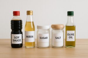 一人暮らしのキッチンカウンターに並べられた基本の調味料5種類。醤油、みりん、砂糖、塩、オリーブオイルのボトルが清潔に整理されている。
