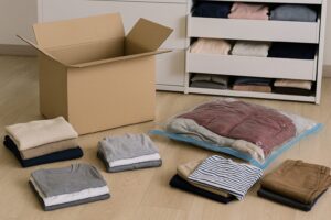衣類をすべて取り出して整理している様子。床に広げられた服と収納ケースが映っており、衣替えの準備段階がよくわかる。