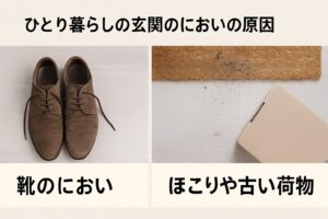 消臭対策として並べられた玄関用アイテム。左側には活性炭と重曹が瓶に入れられ、右側にはアロマや除湿グッズが整然と並ぶ。