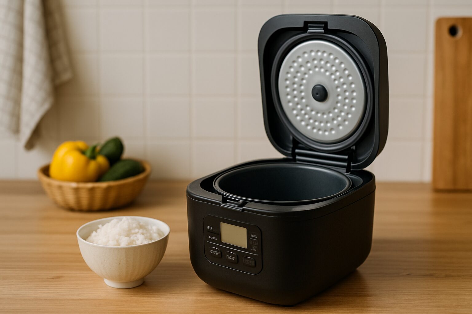 木目調のキッチンカウンターに置かれたコンパクトな黒い炊飯器と、隣に並ぶ炊きたてご飯の入った白い茶碗。奥にはカラフルな野菜が入ったかごが見える、温かみのあるキッチン風景。