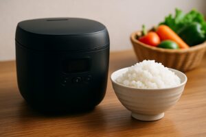 ナチュラルな木目のテーブルに置かれた黒い小型炊飯器と、炊きたてご飯が盛られた白い茶碗。背景には新鮮な野菜が入ったバスケットも見える。