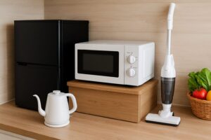 木目調のカウンターに並んだ黒い小型冷蔵庫、白い電子レンジ、コードレス掃除機、電気ケトル。背景には野菜の入ったバスケットもあり、明るくシンプルなキッチン空間。