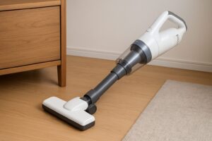 明るい木目の床に置かれた白とグレーのコードレス掃除機。隣にはナチュラルな木製キャビネットがあり、シンプルな室内の様子が伝わる。
