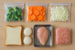 冷凍保存されたブロッコリー、にんじん、玉ねぎ、ごはん、パン、鶏むね肉、ひき肉がそれぞれ小分けにされて並んでいる様子。一人暮らし用の冷凍ストック例。