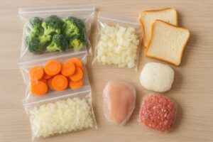 冷凍保存されたブロッコリー、にんじん、玉ねぎ、パン、ごはん、鶏むね肉、ひき肉が、それぞれラップや保存袋に包まれ、木目の台の上に整理されて置かれている。
