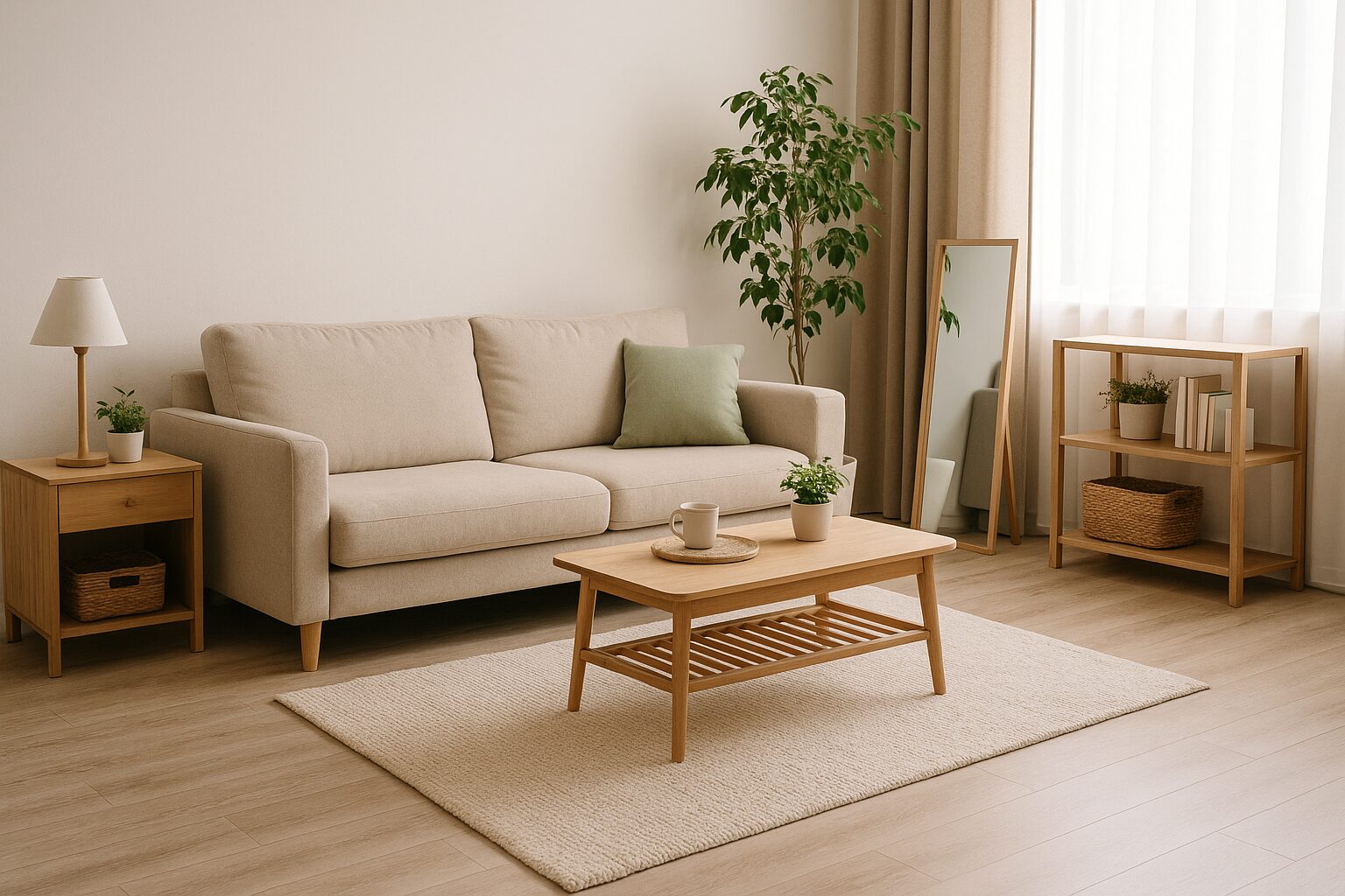 明るい木目調の床にベージュのソファと観葉植物、背の低い家具が並ぶナチュラルテイストのリビング。広く見える一人暮らしのインテリア例。