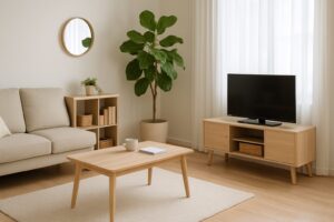 明るいリビングに低めの家具や観葉植物が配置され、床や壁が見えるようにレイアウトされた広く見える一人暮らしの部屋。