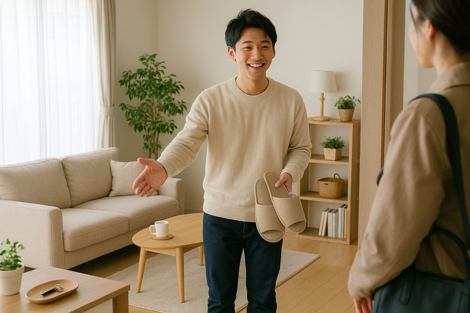 明るいリビングで、男性が笑顔でスリッパを差し出し来客を迎えている様子。観葉植物やナチュラルな家具が並び、温かみのある一人暮らしの空間を演出。