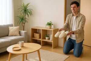 明るい一人暮らしのリビングで、男性が笑顔で来客にスリッパを差し出している様子。木製家具と観葉植物が並び、整った印象の室内。