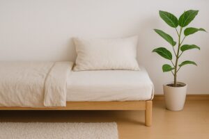 ナチュラルな木製ベッドと観葉植物が並ぶ、シンプルな一人暮らしの寝室の様子