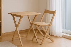 木製の折りたたみテーブルと椅子が配置された、一人暮らし向けの明るい部屋の一角