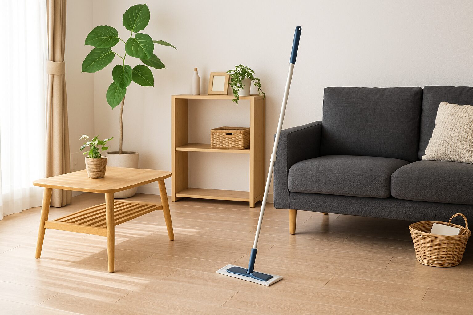 ナチュラルな木目調のフローリングが広がる一人暮らしのリビング。掃除道具が見えない、すっきりと整った空間。
