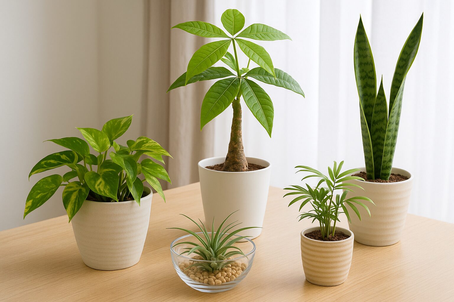 明るい木製のテーブルに並べられた5種類の観葉植物。窓から差し込む自然光の中で、それぞれ異なる葉の形と色合いが映えている。