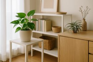 明るい日差しが差し込む部屋の一角に置かれたポトスとエアプランツ。白い棚と木製家具が調和するナチュラルなインテリア空間。