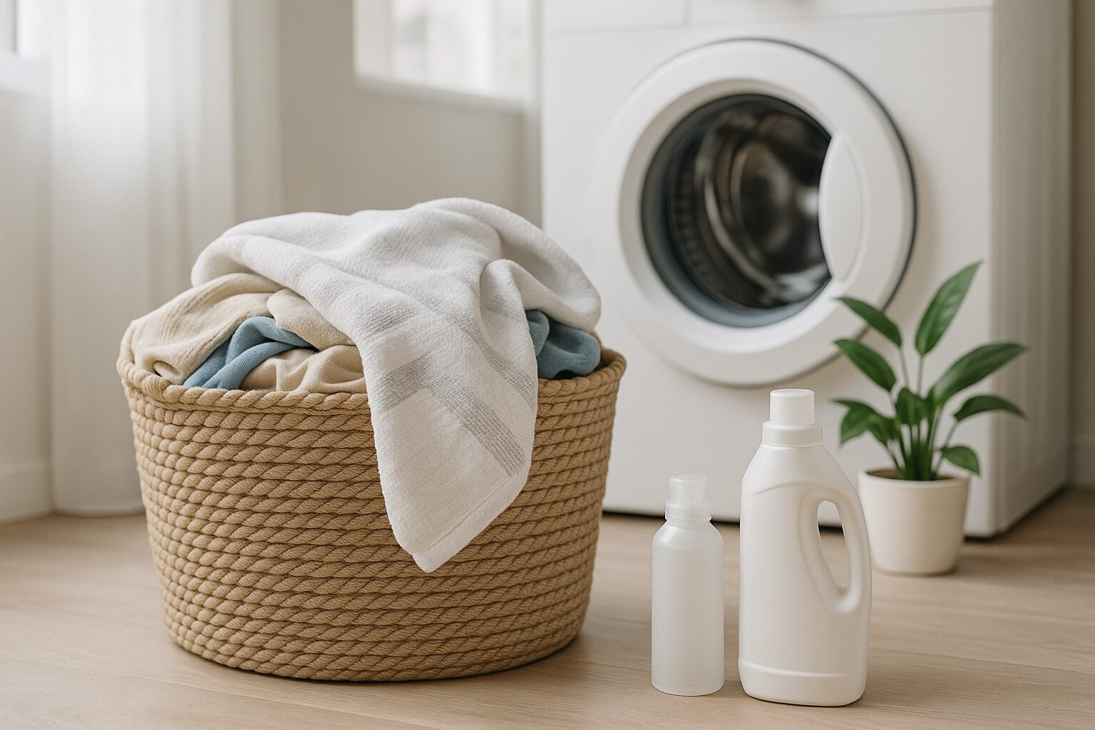 明るい室内に置かれたロープ素材の洗濯かごからタオルがあふれ、奥には洗濯機と観葉植物、洗剤ボトルが並ぶナチュラルなランドリースペース。