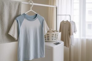 カーテンレールに吊るされたTシャツとタオル。奥には洗濯機と洗濯かごが見え、日差しが差し込む明るい室内。