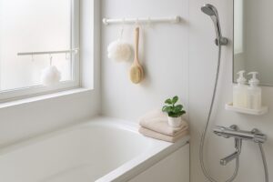 白い浴室に設置された棚やフックに、スポンジやブラシが吊るされている様子。タオルと植物がバスタブの縁に置かれ、全体がすっきり整っている。