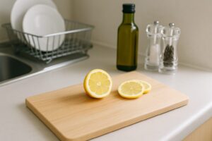 コンパクトなキッチンカウンターに、まな板と布巾、調味料ラックが整然と並べられたすっきりとした調理スペース。
