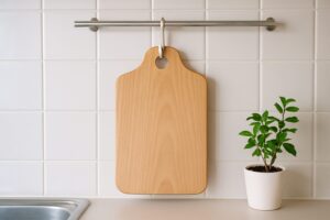 白いタイル壁に設置されたステンレスバーに木製まな板が吊るされ、隣には小さな観葉植物が置かれた、明るく整ったキッチンの一角。