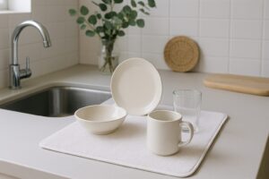 キッチンの作業台に吸水マットが敷かれ、数枚の食器とコップが並んで乾かされている。奥には調味料と観葉植物が置かれた明るいキッチン。