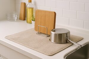 吸水マットの上に立てかけられた木製まな板と鍋。シンクの横にすっきりと配置され、キッチン全体が明るく整っている。