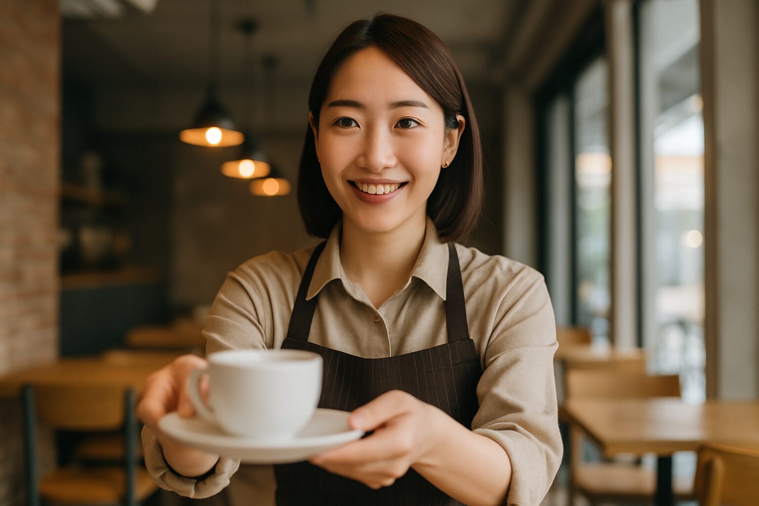 カフェで笑顔でコーヒーカップを差し出す女性スタッフの様子