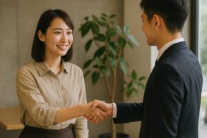 笑顔であいさつを交わす男女の接客スタッフ