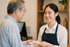 笑顔で接客対応をする若い女性スタッフと年配の男性客