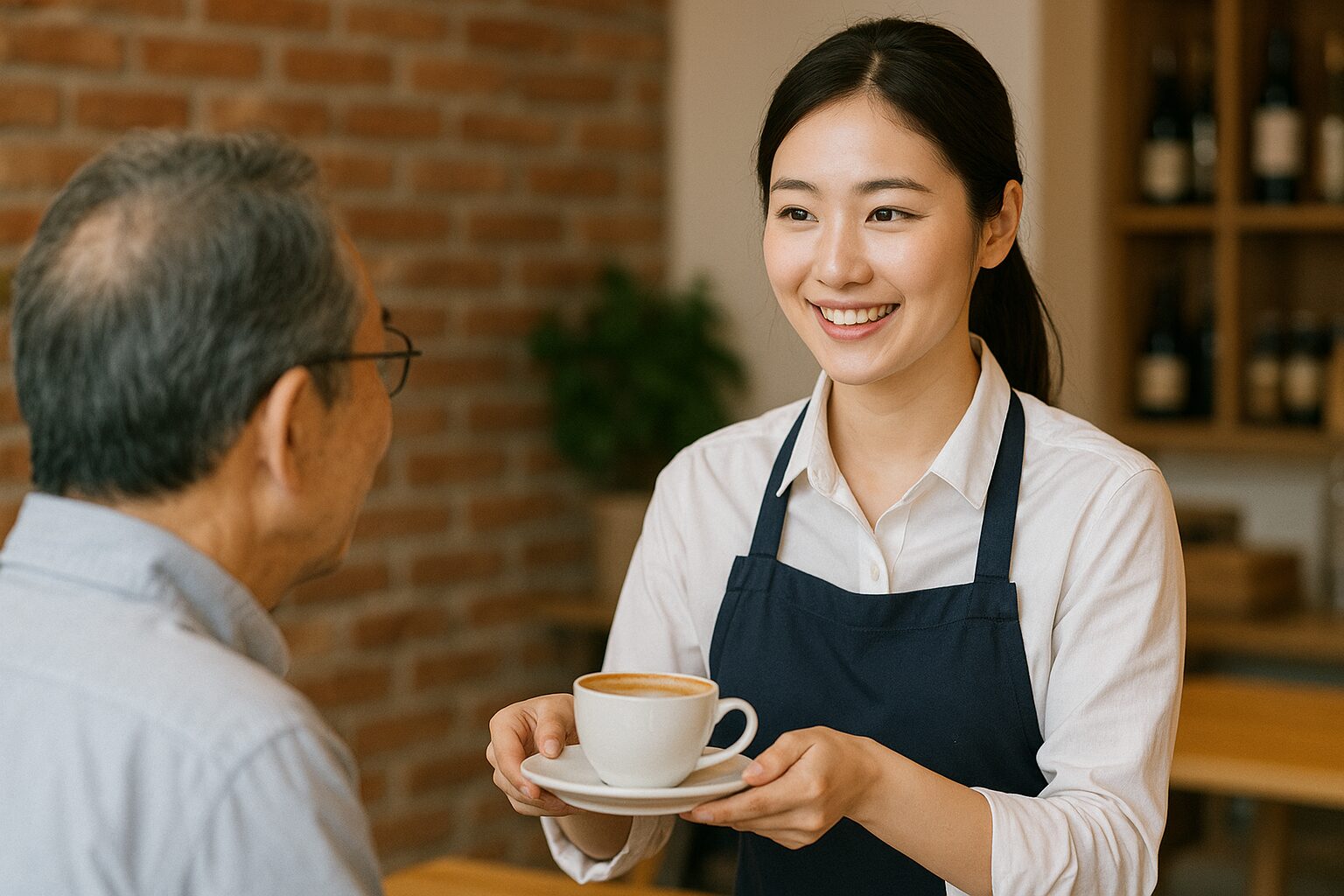 笑顔でコーヒーを提供する女性スタッフと、それを受け取る年配の男性客