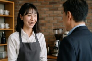 明るい笑顔で会話をしている接客スタッフと男性客