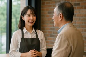 丁寧にお客様と会話をするカフェスタッフの女性と年配の男性客