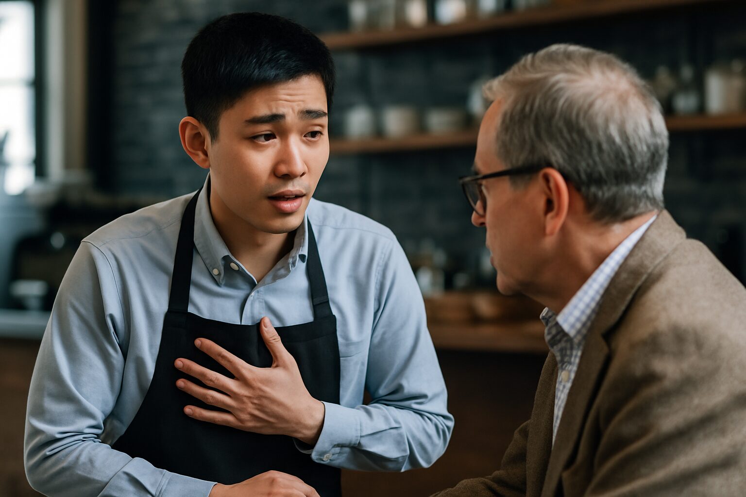 真剣な表情で年配の男性客と向き合う若い男性店員