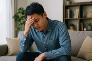 落ち込んだ様子で考え込む若い男性接客スタッフ