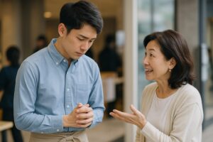 真剣な表情で年配女性の話を丁寧に聞く若い男性スタッフ