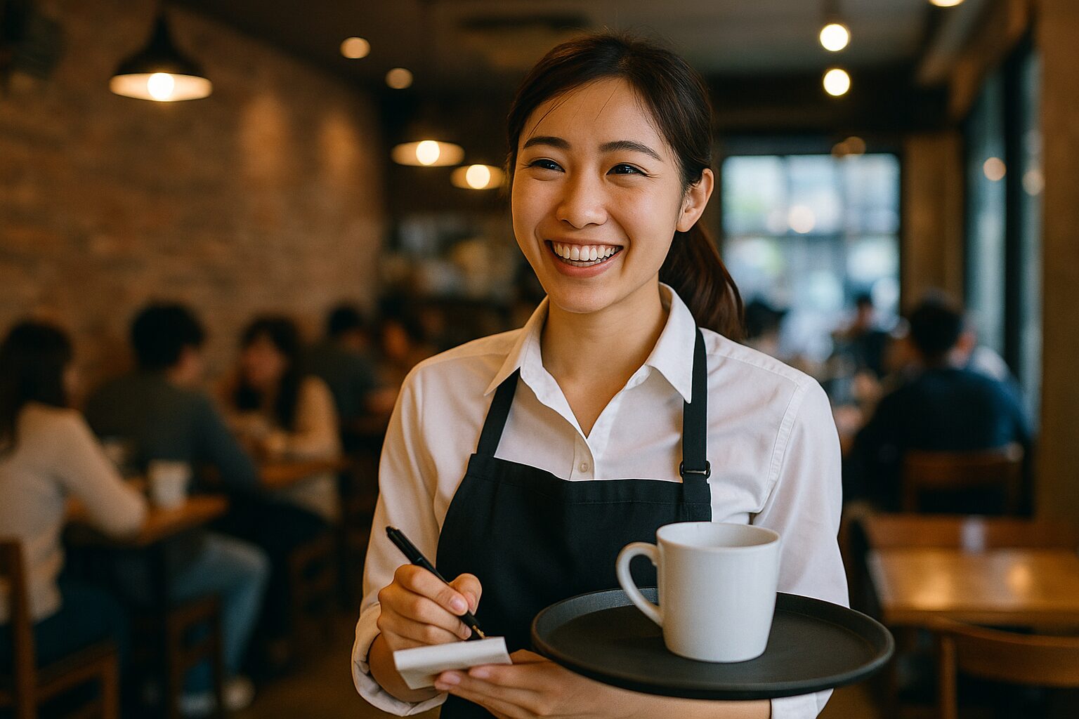 接客中に笑顔で注文を取る飲食店の女性スタッフ