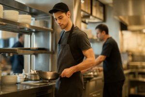 調理中のキッチンスタッフが真剣な表情で作業をする様子
