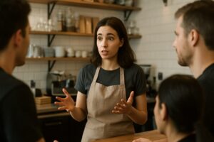カフェで同僚と真剣にコミュニケーションを取る女性スタッフ