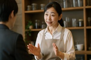 笑顔で接客中の女性スタッフが、控えめなジェスチャーで断りを伝えている様子