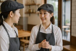 テーブル越しに接客スタッフが、お客様にパンフレットを見せながら代替案を提案している様子