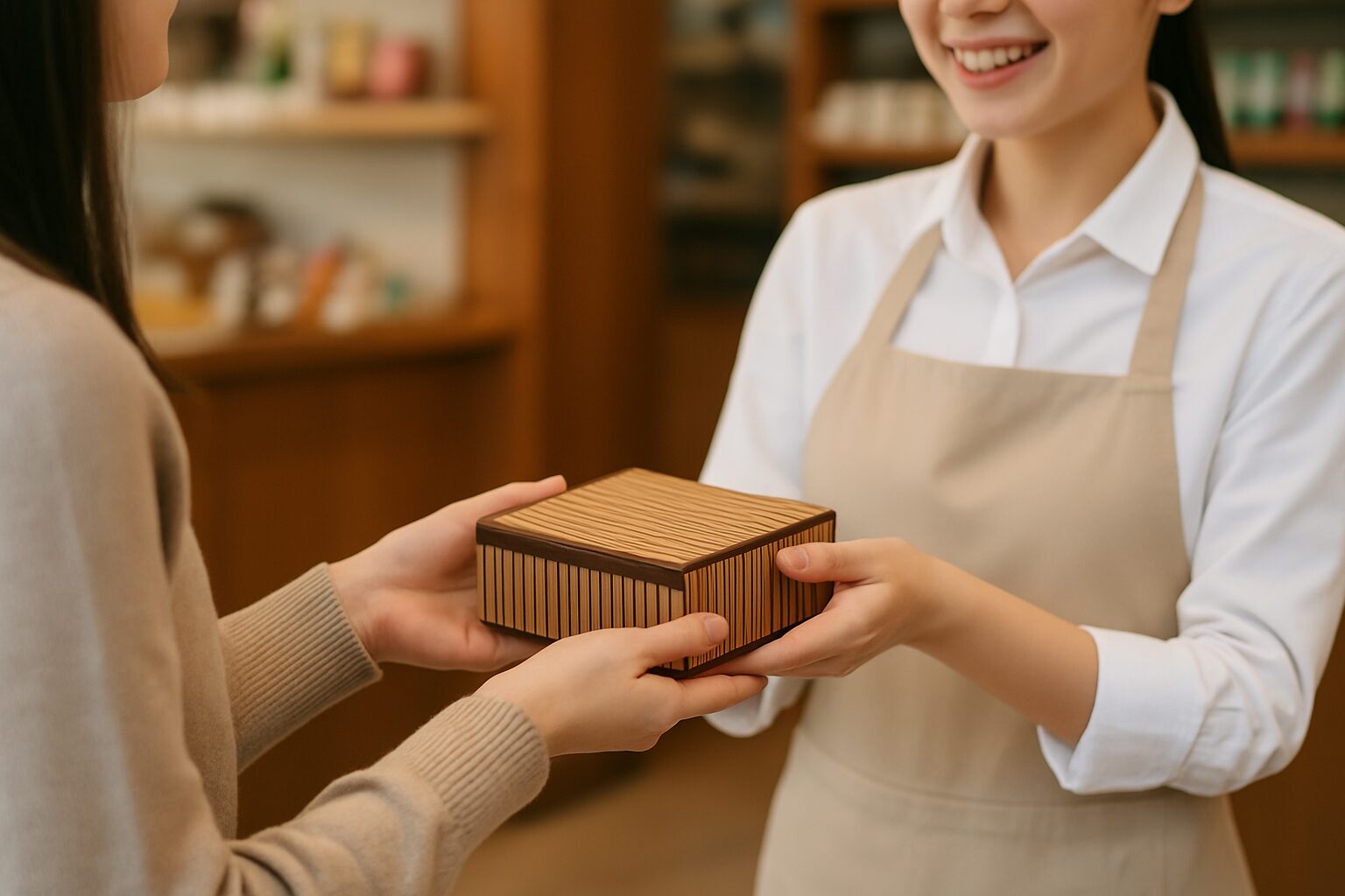 商品を丁寧に両手で渡すスタッフと、受け取るお客様のやり取りを捉えた接客シーン
