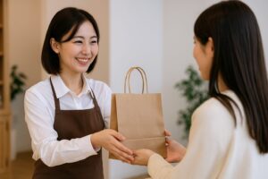 店員が両手で商品を丁寧に差し出している接客の瞬間を写した写真