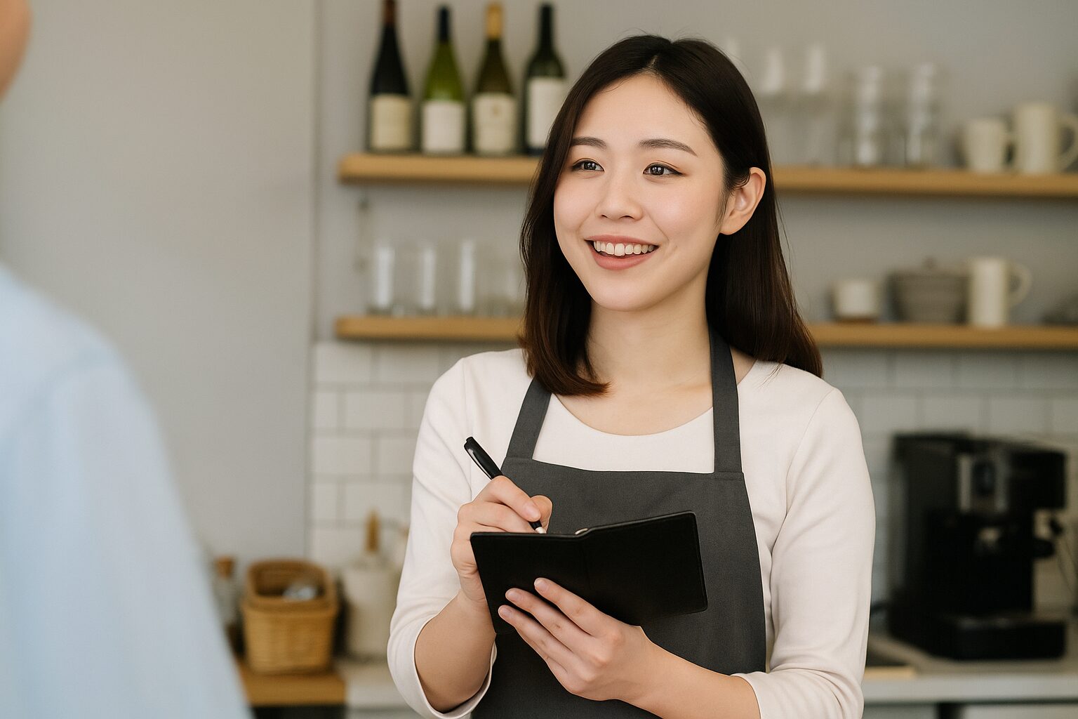 カフェの店内で笑顔で接客する若い女性スタッフが、黒いメモ帳とペンを手にお客様と会話している様子。