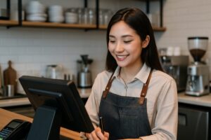 カフェのレジカウンターで笑顔を見せながら操作する若い女性スタッフの様子。