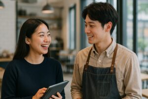 カフェの店内で笑顔を交わしながら話す若い男女のスタッフ。信頼関係がうかがえる自然なやり取りの様子。