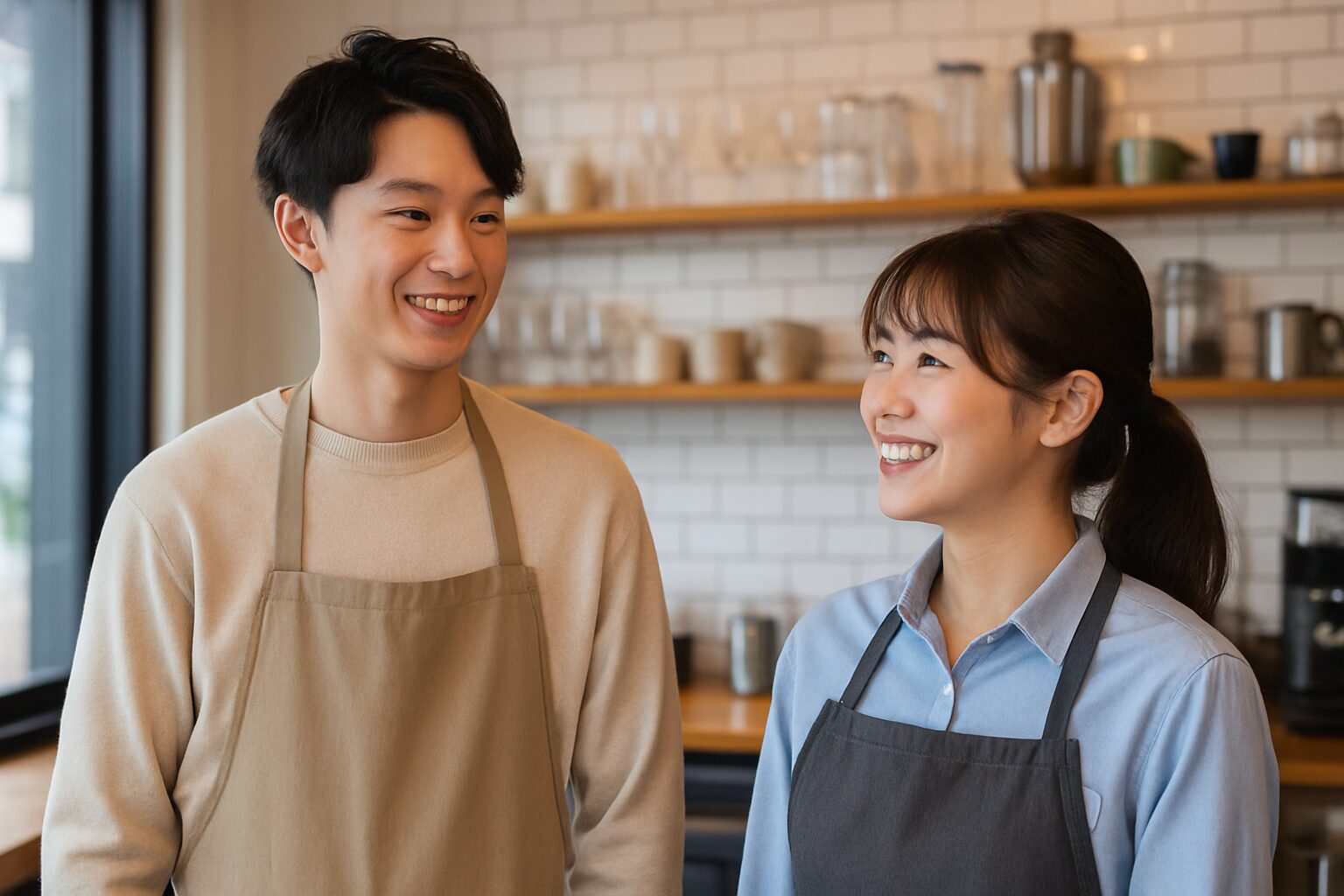 カフェの店内で笑顔を交わしながら会話する男女のスタッフ。明るい雰囲気の中、親しみやすい関係が伝わる様子。
