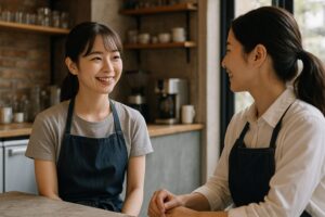 カフェのカウンター席で、エプロン姿の若い女性スタッフ2人が笑顔で会話している様子。