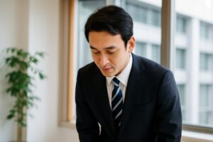 スーツ姿の東アジア系ビジネスパーソンが、真剣な表情でパソコンに向かっている様子。