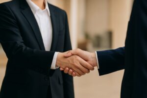 スーツ姿の男女が明るい雰囲気で対話している様子。丁寧なコミュニケーションを意識したビジネスシーン。